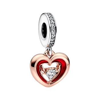 Rožinio aukso raudonas emalis Plūduriuojantis širdies pakabukas Charms 925 Sterling Silver Pave Bail Moterų papuošalai All For Love Valentino dienos dovana