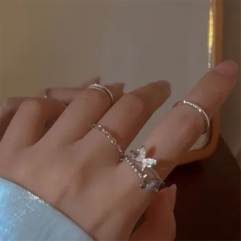 Sidabrinės spalvos žiedų rinkinys moterims Mados akrilo krištolo cirkono drugelis Atviras žiedas INS stiliaus moteriški papuošalų vakarėlių aksesuarai