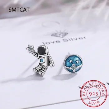 100% 925 Solid Real Sterling Opal Astronaut Ear Stud Star Asymmetry for Gift for Women Girls Kids Lady Jewelry DS3501