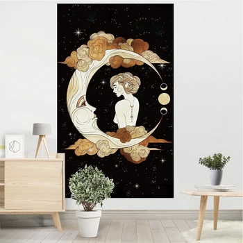Retro Deivė Mergaitė Mėnulio gobelenas Siena Kabanti juoda raganavimas Reikmenys Bendrabučio dekoras Dangaus senovės psichodelinis gobelenas Trippy