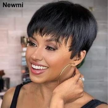 Newmi Pixie Cut Wigs Human Hair Natural Black Short Pixie Wig for Women Wear and Go Sassy Klijų perukai juodaodėms moterims