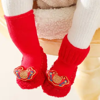 Medvilnės kinų stiliaus kojinės kūdikiams Japoniškas kūdikių trikotažas Liūto raštas Raudonos kojinės kūdikiams Žiema Sutirštinti Naujųjų metų kojinės naujagimiams