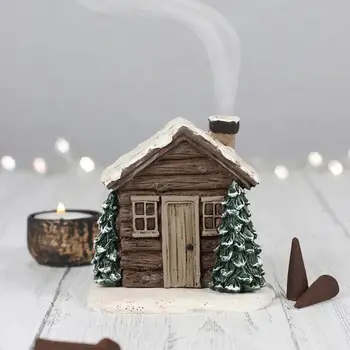 Christmas Winter Log Cabin Incense Cone Burn Christmas Chimney Hut Incense Cone Burner Table Centerpiece Display Xmas Decor