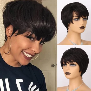 Trumpas pikselių kirpimo perukas Žmogaus plaukai juodaodėms moterims Mašina pagamino perukus su kirpčiukais be klijų, žmogaus plaukų perukus