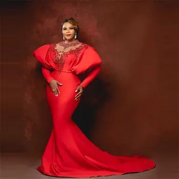 Kadisua seksuali raudona satino vakarinė suknelė pūstomis ilgomis rankovėmis O-Neck Sweep Train aplikacijos Karoliukais Undinėlės Moterys plius dydis Vestido 2023