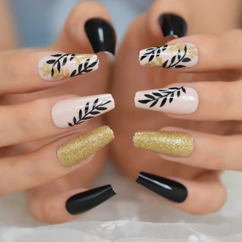 Fashion Leaf Designed Coffin Fake Nails Gold Glitter Beige Black Gel Tapered Balerina Press On Nails Long with Adhesive Tabs