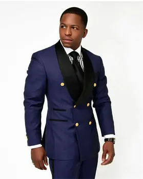Navy Blue Mens Suits Slim Fit Groomsman Gold Button Double Breasted Party smokingo jaunikio kostiumas vyrams Vestuvių ryto švarkas
