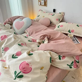 Ins Rožinis tulpių patalynės komplektas Gėlių antklodės užvalkalas Plokščios lovos paklodės pagalvių užvalkalai Viengubas karalienės dydis Berniukai Mergaitės be užpildymo Namų tekstilė
