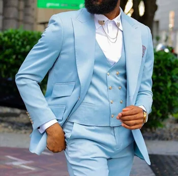 Dangaus mėlyni kostiumai vyrams Peak Lapel Slim Fit Blazer Sets Custom Fashion Three-Piece Jacket+Pants+Vest Trajes De Hombre