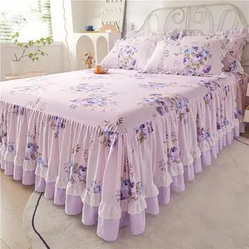 Gėlių spausdinta 100% medvilninė lovatiesė Čiužinio užvalkalas Purple Ruffle Princess Home Nėriniuota patalynė Patalynė Sijono paklodė, NĖRA pagalvių užvalkalų
