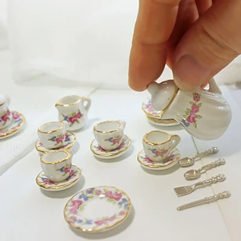15vnt 1/12 Lėlių namelis Miniatiūriniai priedai Mini keramika Arbatos rinkinys Modeliavimas Virdulys Lėkštės puodelis Modelis Žaislai Lėlių namų dekoravimas