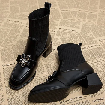 Mezgimo gėlių gotų kojinių batai Moterys Stretch Ankle Mid Heels Chelsea moteriški batai 2023 Žiema Nauji mados siurbliai Medvilnės botas