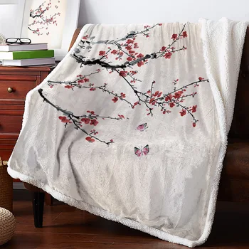 Slyvų žiedas Rožinis drugelis Kinų stilius Žieminė šilta kašmyro antklodė lovai Vilna Mesti antklodes biuro lovatiesei