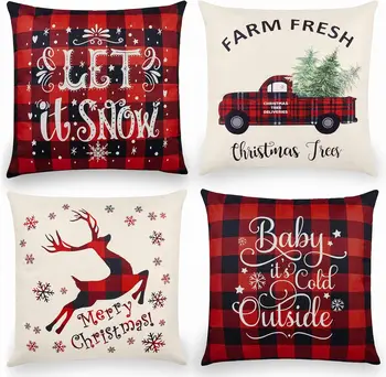 Christmas Throw Cushion Užvalkalai 18x18 colių komplektas iš 4 lininių kalėdinių pagalvių užvalkalų juodas ir raudonas buivolų pledų pagalvių užvalkalų dekoras