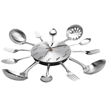 metalinis virtuvės stalo įrankių sieninis laikrodis 14 colių su šakute šaukštas 3D nepažymėtas kvarcinis laikrodis miegamojo namų dekorui, sidabras
