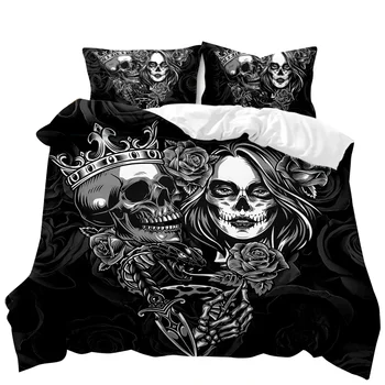 Kaukolės antklodės dangtelio rinkinys Rose Twin Skeleton Kiss Comforter Cover Teens Gothic Skeleton Double Queen King Size Polyester Qulit Cover
