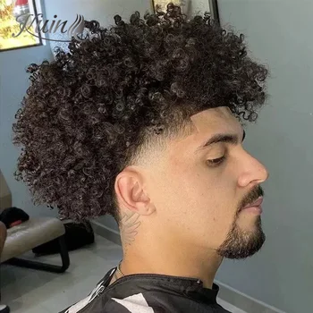 Deep Curly Hairpiece Men Kapiliarinis protezas 4mm-25mm Afro Curl Žmogaus plaukų perukai vyrams Toupee Exhuast Systems Afro Men Wig