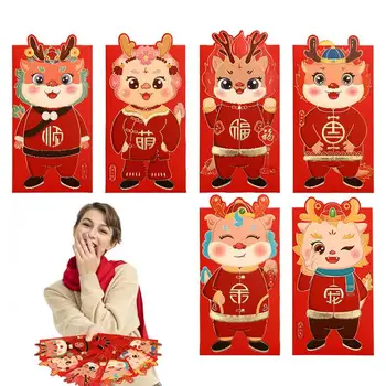 Laimingi pinigų vokai 2024 Dragon Red paketai 6 vnt Heavy Duty Adorable Cartoon Dragon Emstamped Gold Foil Dragon Red Vokai