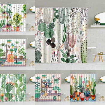 Kaktusas Dušo užuolaida, Vasaros tropiniai augalai Sultinga akvarelė Vazoninė žaluma Juokingi lapai Šiltnamis Katės vonios kambario dekoras