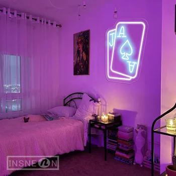 Žaidimo kortos Neoninės ženklų lemputės pokerio paaugliams miegamojo sienų dekoravimo menas Baras Viešbutis Žaidimų kambarys Gimtadienio vakarėlis Dekoras Neoniniai ženklai