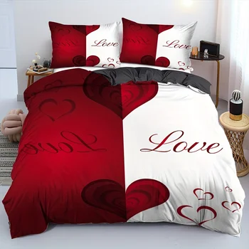 2/3pc Valentino dienos antklodės užvalkalo komplektas Pora meilės patalynės komplektas Kūrybingas raudonas baltas širdies rašto antklodės užvalkalas miegamojo bendrabučio kambariui