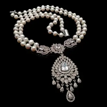 3 Rows Kultivuotas baltų perlų vėrinys Cz Pave Pareiškimas Karoliai Moteriški papuošalai