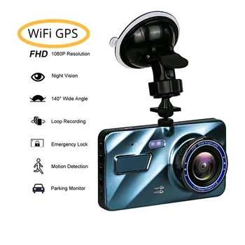 Car Dash Cam 1080P Dash kamera Dvigubas objektyvas, įmontuotas DVR įrašymo įrenginyje Dashcam G jutiklio kilpos įrašymas Parkavimo stebėjimas WiFi GPS
