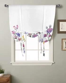 Spalvota gėlė Akvarelės augalų virtuvė Trumpas langas Užuolaidų strypas Kišeninės užuolaidos Namų dekoras Mažas langas Romanas Suriškite užuolaidas