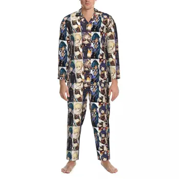 Genshin Impact A-Line Dress-3 Pižama Vyriški mieli kambario miego drabužiai Spring Two Piece Loose Oversize Pattern Home Suit