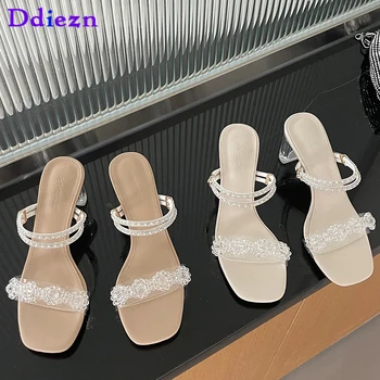 Summer Women Pumps Square Toe Female Shoes Crystal High Heels 2023 Fashion Pvc Ladies Sandals Designer Slingbacks Skaidrės