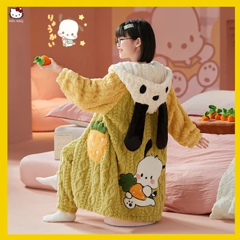 Sanrios Cinnamoroll Pochacco Kt Katė Vaikų naktiniai marškiniai Anime Kawaii Koralų aksomas Sutirštinta šilta pižama su gobtuvu Žieminiai namų apranga