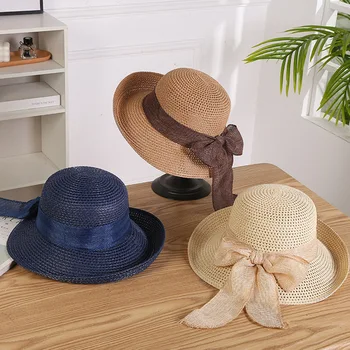 Vienspalvė vasarinė šiaudinė skrybėlė moterims Didelis lankas sulankstoma paplūdimio kepurė Ponios elegantiškos kelionės Moterys Atostogos Apsauginė skrybėlė nuo UV spindulių skydelis