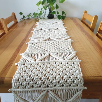 Macrame stalo bėgikas su kutais Bohemiškas austas stalas bėgikas vestuvių dekoravimas rankomis austas stalas bėgikas namų dekoro staltiesė