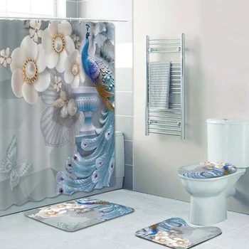 Gėlių dušo užuolaidos Neperšlampamos gėlės su perlinio audinio vonios kambario dušo užuolaidų komplektais su kilimėliais Poliesterio dušo kabina Surtain