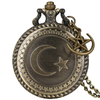 Turkijos vėliava Mėnulio žvaigždžių ženklas Bronziniai kvarco karoliai Laikrodžiai Unisex Antikvariniai stilingi pakabinami kišeniniai laikrodžiai arabiški skaitmenys Ratukas