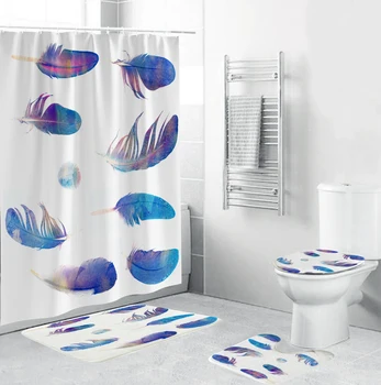 Neperšlampamas vonios kambarys Dušo užuolaida Neslystančių tualeto kilimėlių rinkinys Melsvai violetinė plunksna Kilimas Dangtis Vonios kilimėlis Pagalvėlės komplektas 12 kabliukų