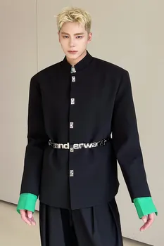 Metaliniai sagčių rankogaliai Kontrastas Vintage Standing Collar Style Zhongshan kostiumo švarkas Vyrų dainininkų šokių pasirodymo drabužiai