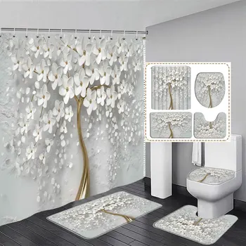 Dušo užuolaidos ir pledai vonios kambario komplektams Elegantiška puokštė Svajingų baltų gėlių 3D stiliaus dušo užuolaidos Namų vonios kambario dekoras