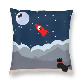 Scottie Dog Moon And Rocket Throw Pillow Cover Home Decor Square Cartoon Scottish Terrier Cushion Cover 45x45cm for Living Room