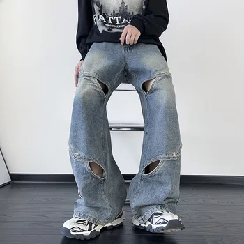 Fashion Design Džinsai vyrams Korėjietiškos tiesios kelnės High Street Denim Kelnės Baggy Casual Streetwear Casual Vyriškos kelnės A91