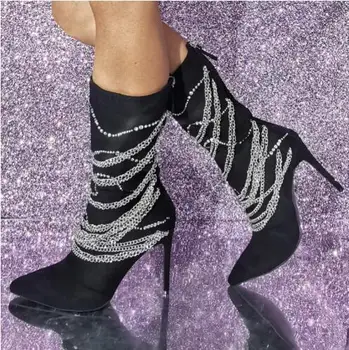 Drop Shipping Women Sexy Black Suede Sliver Chain Crystal Rhinestone Pointed Toe Thin Heels Zipper Back Slim Mid-Blauzd Boots Shoes
