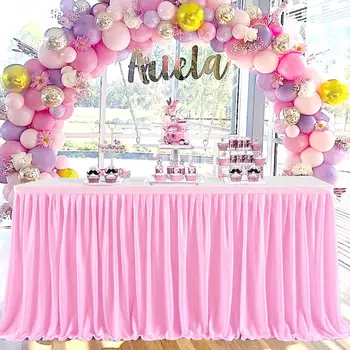 Rožinis plisuotas stalo sijonas stačiakampiam stalui 9 pėdų raukinys Tutu stalo audinys vestuvėms Kūdikių dušas Gimtadienio vakarėlis Banketas