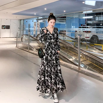 Vintažinė šifono suknelė Spausdinti Moteriškos 2022 m. pavasario naujos V formos kaklo gėlių paplūdimys Maxi Vestidos moteriškos brosemia suknelės ilgomis rankovėmis Ponia