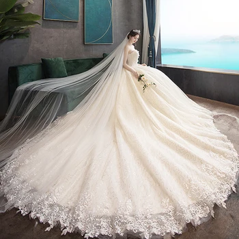Mieloji princesė Vestuvinė suknelė moterims 2023 Ball Gown Šampano siuvinėjimo aplikacijos Tiulio nuotakos vestuvinės suknelės