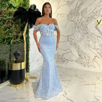 Prom suknelė Undinėlė Dangaus mėlyna blizgučiai nuo pečių grindų ilgio karoliukai Nėrinių iliuzija Nėrinių oficiali vakarinė suknelė 2023 فساتين