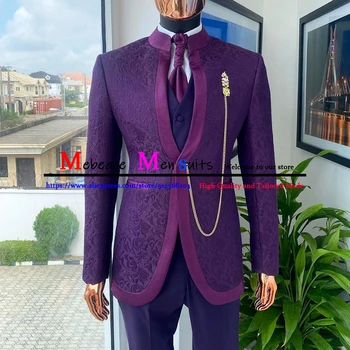 Fashion Purple Jacquard Stand Collar Vyriški vestuviniai kostiumai 3 vnt. (Švarkas+Kelnės+Liemenė) Plonas kostiumas vyrams Oficialus jaunikis Smokingai