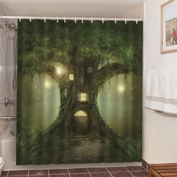 Stebuklingas namelis medyje Neperšlampamos dušo užuolaidos Poliesteris Namų dekoravimas Užtemimo ekranas Paslaptingos miško plaunamos vonios užuolaidos