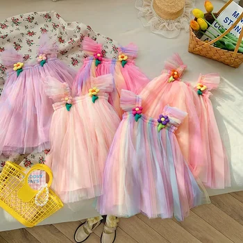 Vaikiška vaivorykštės tinklelio suknelė Vasaros mergaitė 3D gėlė Skraidančios rankovės drabužiai Vaikai Mergaitės Pūkuota princesės suknelė Saldus spalvingas sijonas