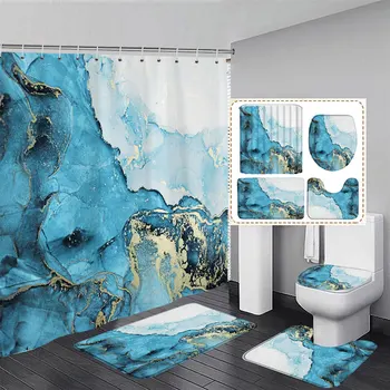 Mėlyno marmuro dušo užuolaida ir kilimėlis vonios kambariui Abstraktus dažytas Modernus vonios dekoras Kilimas Neslidus vonios kilimėlis Tualeto sėdynė