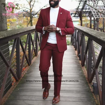 Fashion Simple Slim Fit Suits For Men Business 2 Piece Jacket Pants Set Formal Groom Wedding Notch Lapel Tuxedos Trajes De Homme